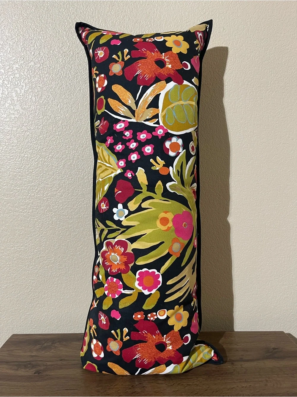 Floral Black Lumbar Pillow with Pink & Orange Accents